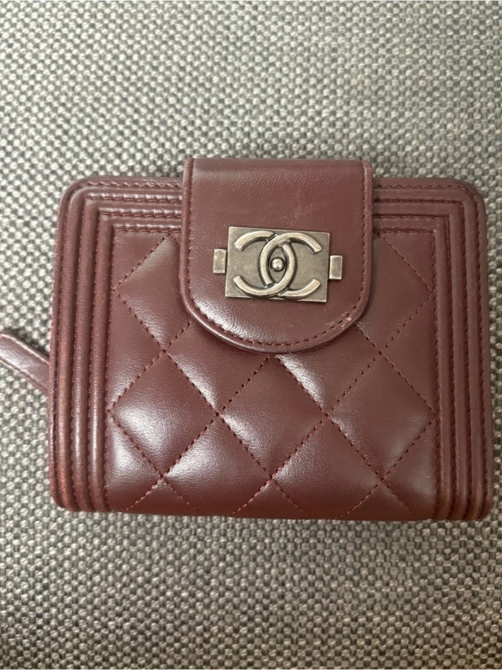 Authentic Chanel Quilted Boy Wallet in Burgundy